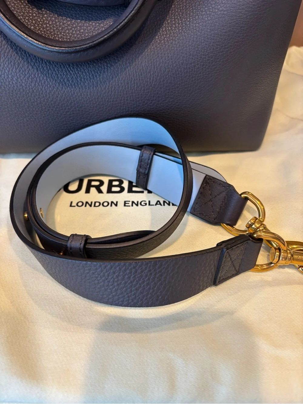Burberry Belted Dark Gray Leather Satchel with Gold Hardware